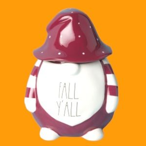 Rae Dunn Autumn Halloween FALL Y'ALL Gnome Canister 11" Red White w/ Lid. NWT.